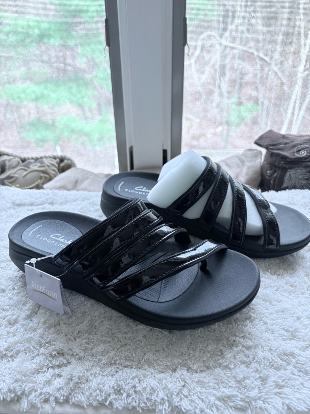 Clarks Black Patent Slide Sandals